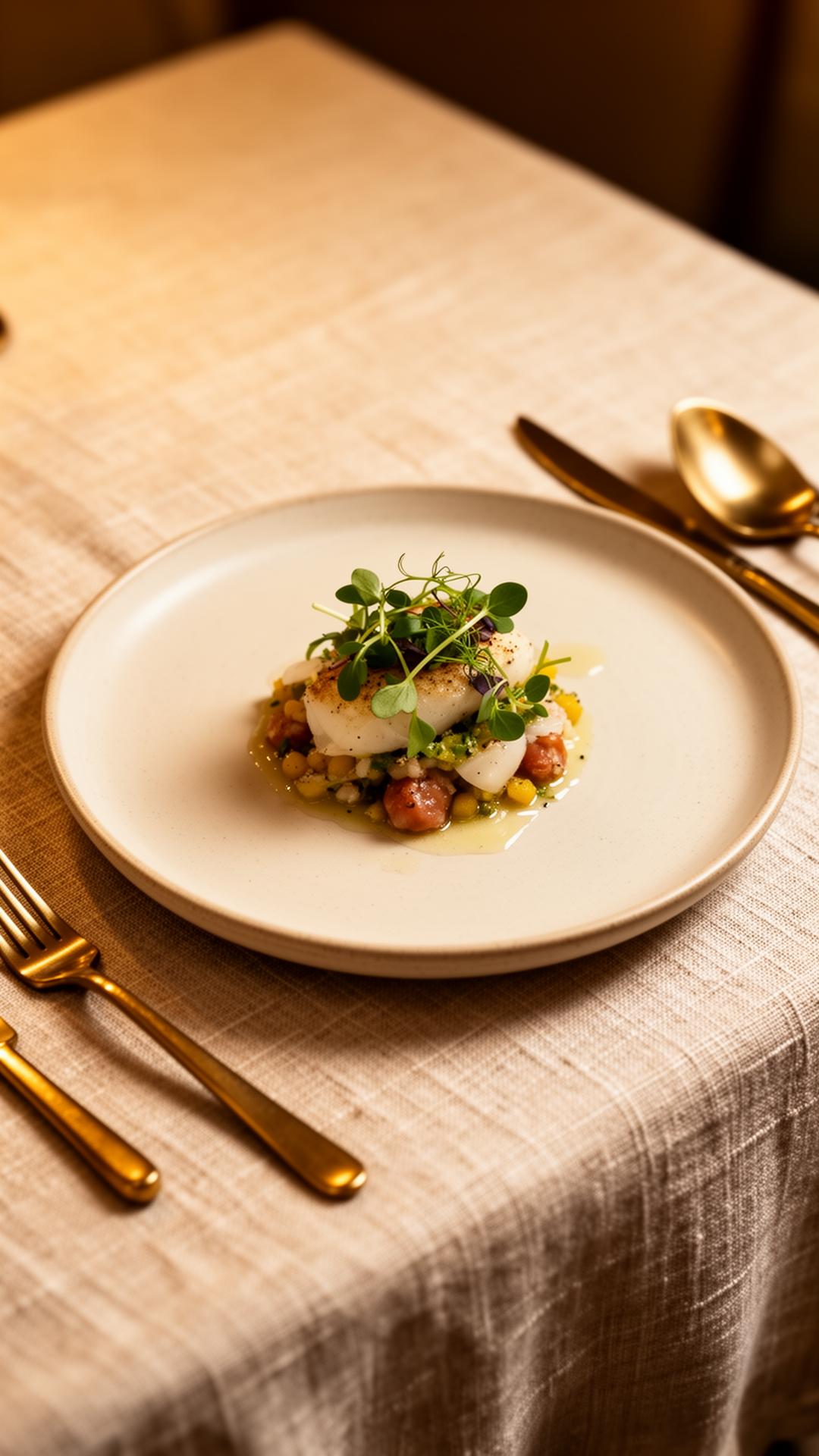 Plated fine dining starter on linen with brass cutlery